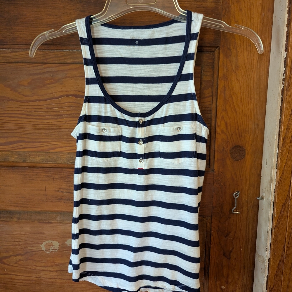 Express Womens‎ XS Navy Blue White Striped Henley Tank Top Button Pocket
